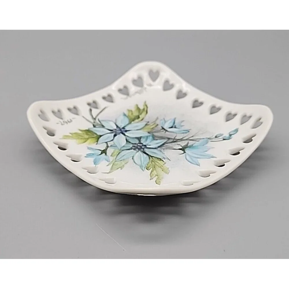 VTG Hand Painted Blue Floral Porcelain Square Dish Heart Cutouts 1967 Original